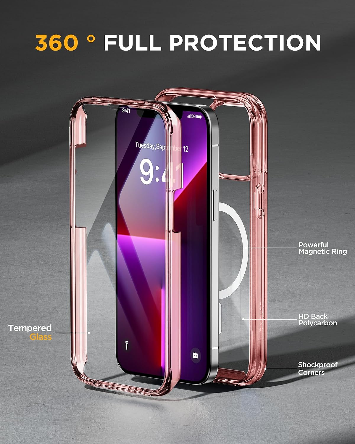 Miracase Magnetic for iPhone 13 Pro Max Case 6.7 inch, (Compatible with MagSafe) Upgrade Full-Body Clear Phone Bumper Case with Built-in 9H Tempered Glass Screen Protector, Magnetic Clear Pink