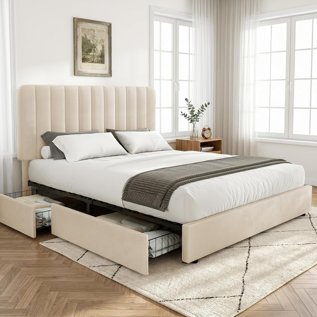 VECELO Full Size Upholstered Bed Frame with 4 Drawers and Headboard, Velvet Platform Storage Bedframe, Wooden Slats Support, No Box Spring Needed,Beige