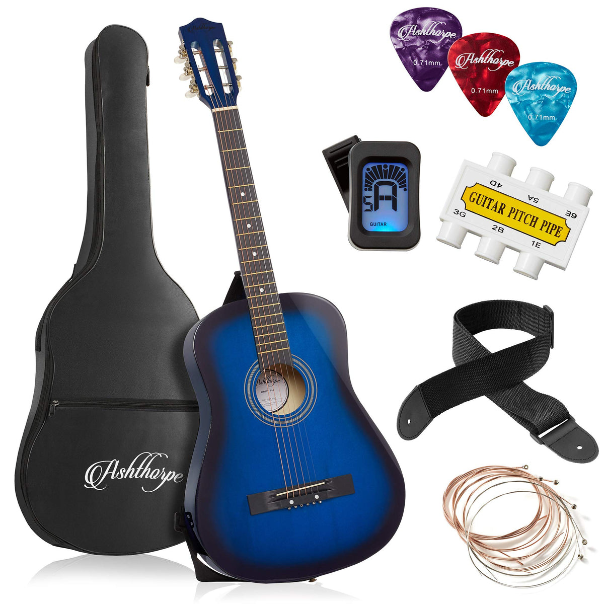 Ashthorpe 38-inch Beginner Acoustic Guitar Package (Blue), Basic Starter Kit w/Gig Bag, Strings, Strap, Tuner, Pitch Pipe, Picks