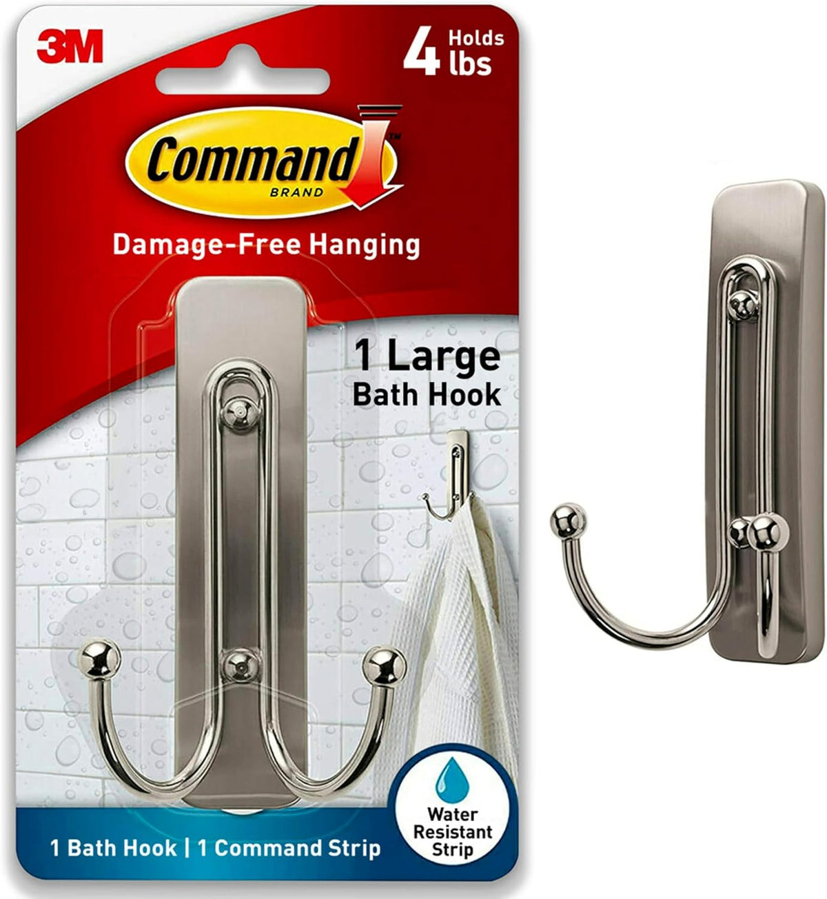 Command Large Satin Nickel Bath Double Hooks, 1 Hook, 1 Strip