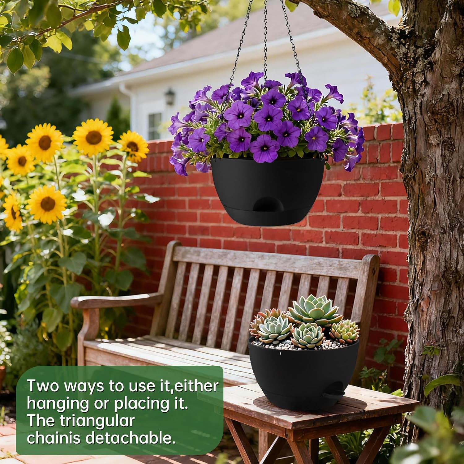 4-Piece Set of 8-Inch Hanging Planters with Automatic Watering System and Drip Tray, Includes Metal Chain, Suitable for Various Indoor and Outdoor Plants and Flowers,Pure Black