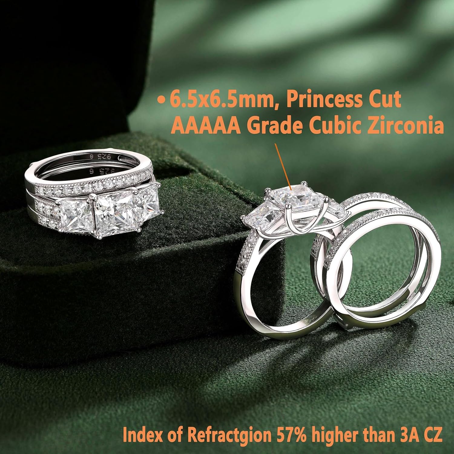SHELOVES 925 Sterling Silver Three-Stone Princess CZ Wedding Rings Set