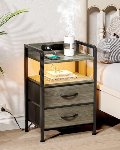 Lazzanto Nightstand with Rear Charging Station, LED Light, 2 Drawers, Grey