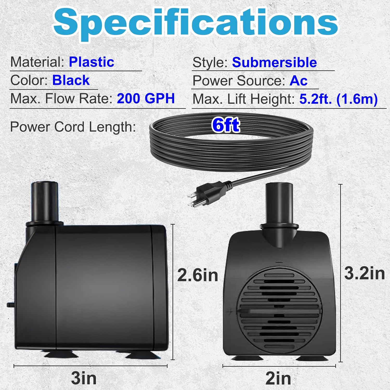 Knifel Submersible Water Pump 200GPH 5.2ft. High Lift for Fountains