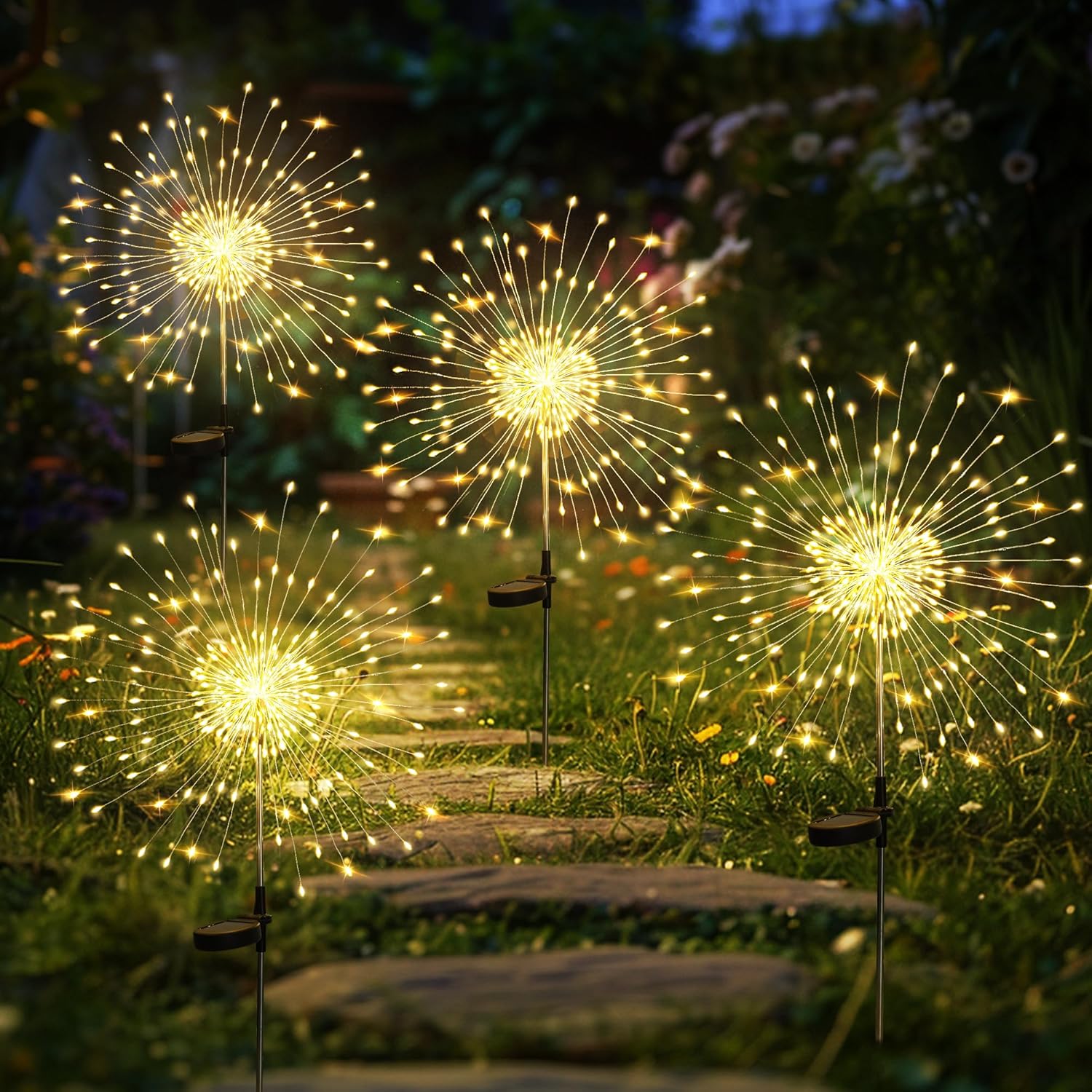 GIGALUMI 4 Pack Solar Firework Lights Outdoor, Garden Decor, Warm White