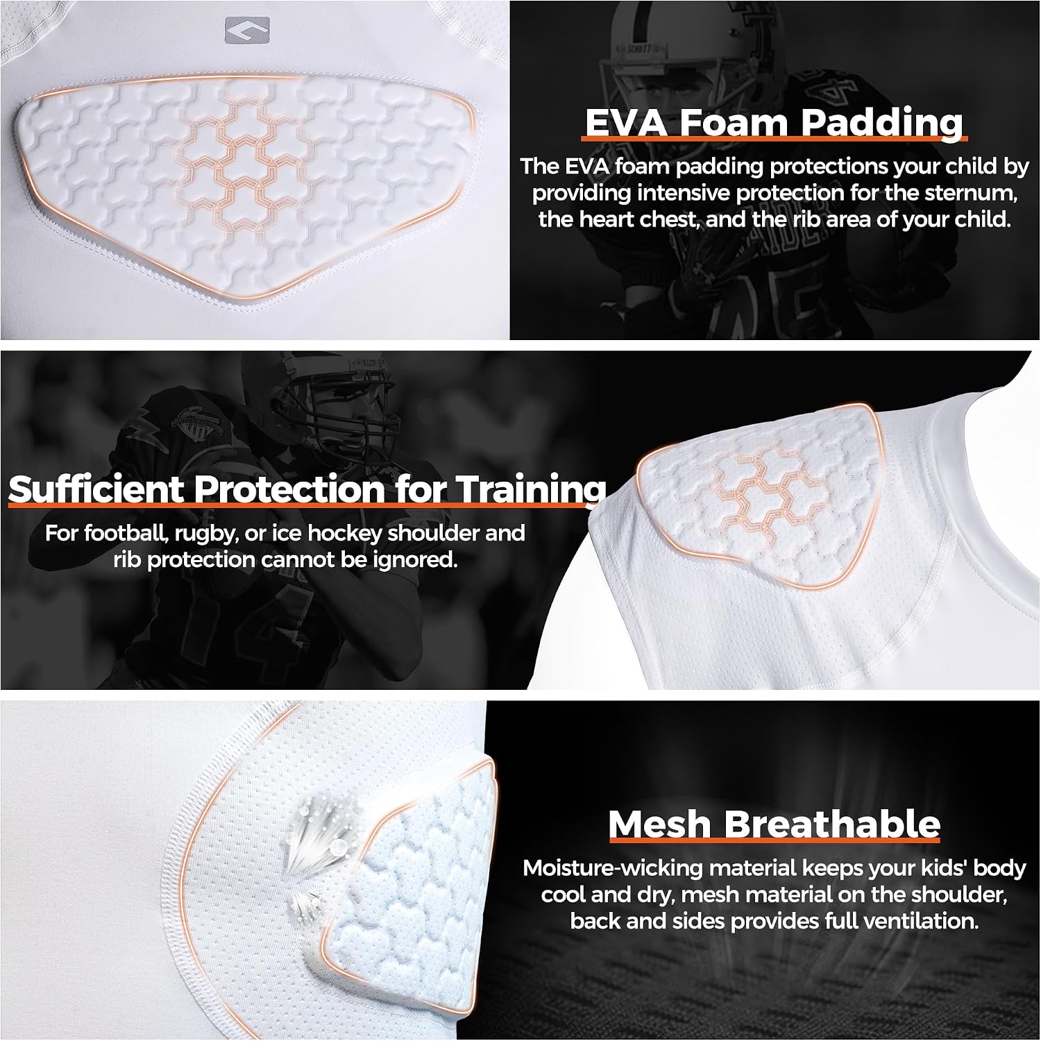 COOLOMG Youth Football Padded Shirt Chest Rib Protector