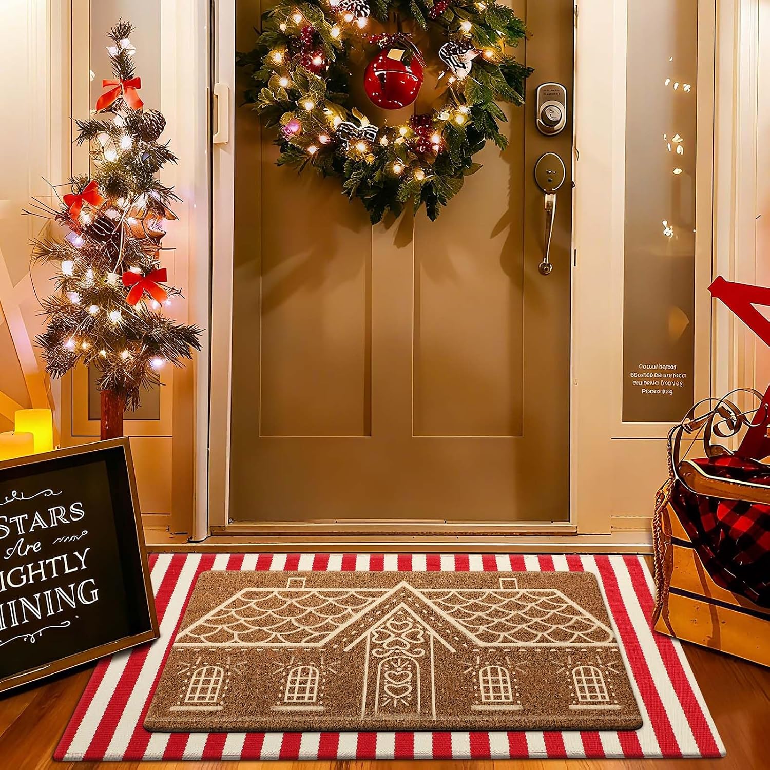Duraaamo 2 Pcs Christmas Coir Doormat Outdoor, Gingerbread House, Non-Slip