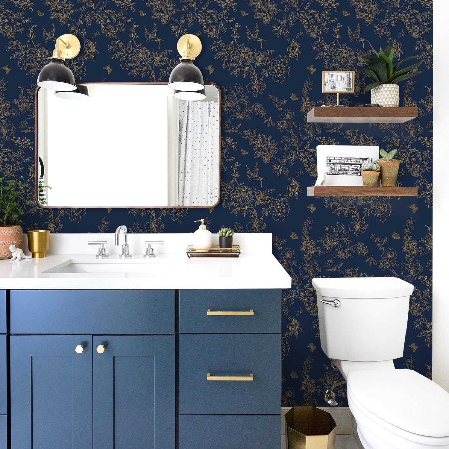 Froluya Dark Blue Peel and Stick Wallpaper Vintage Floral 17.7in×590.5in