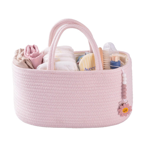 XUANGUO Pink Cotton Rope Baby Diaper Caddy Organizer Basket for Girls