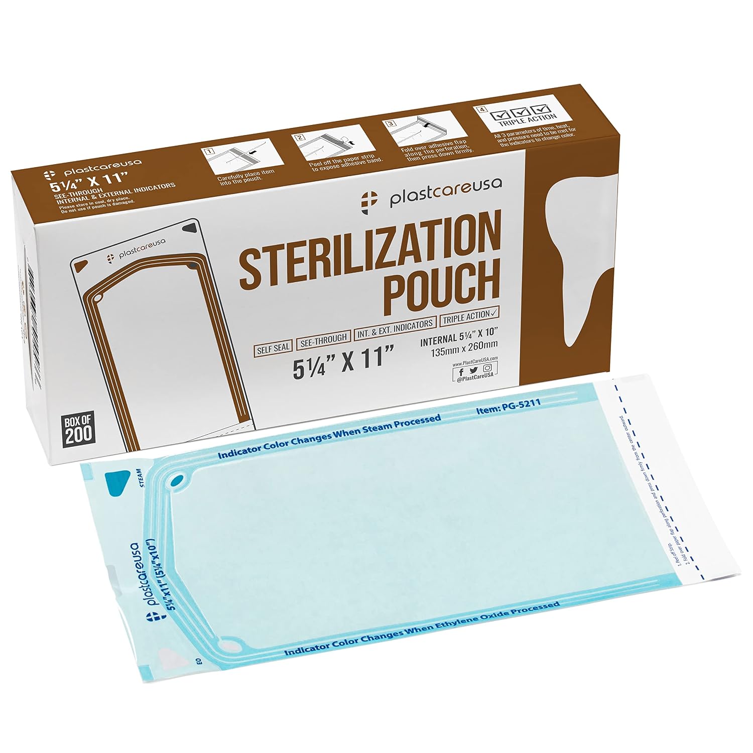 1000 5.25 x 10 Self Sealing Sterilization Pouches - Autoclave Sterilizer Bag Pouch for Sterilizing Dental Medical Instruments and Cleaning Tools - Latex-Free, Color Changing Indicator by PlastCare USA