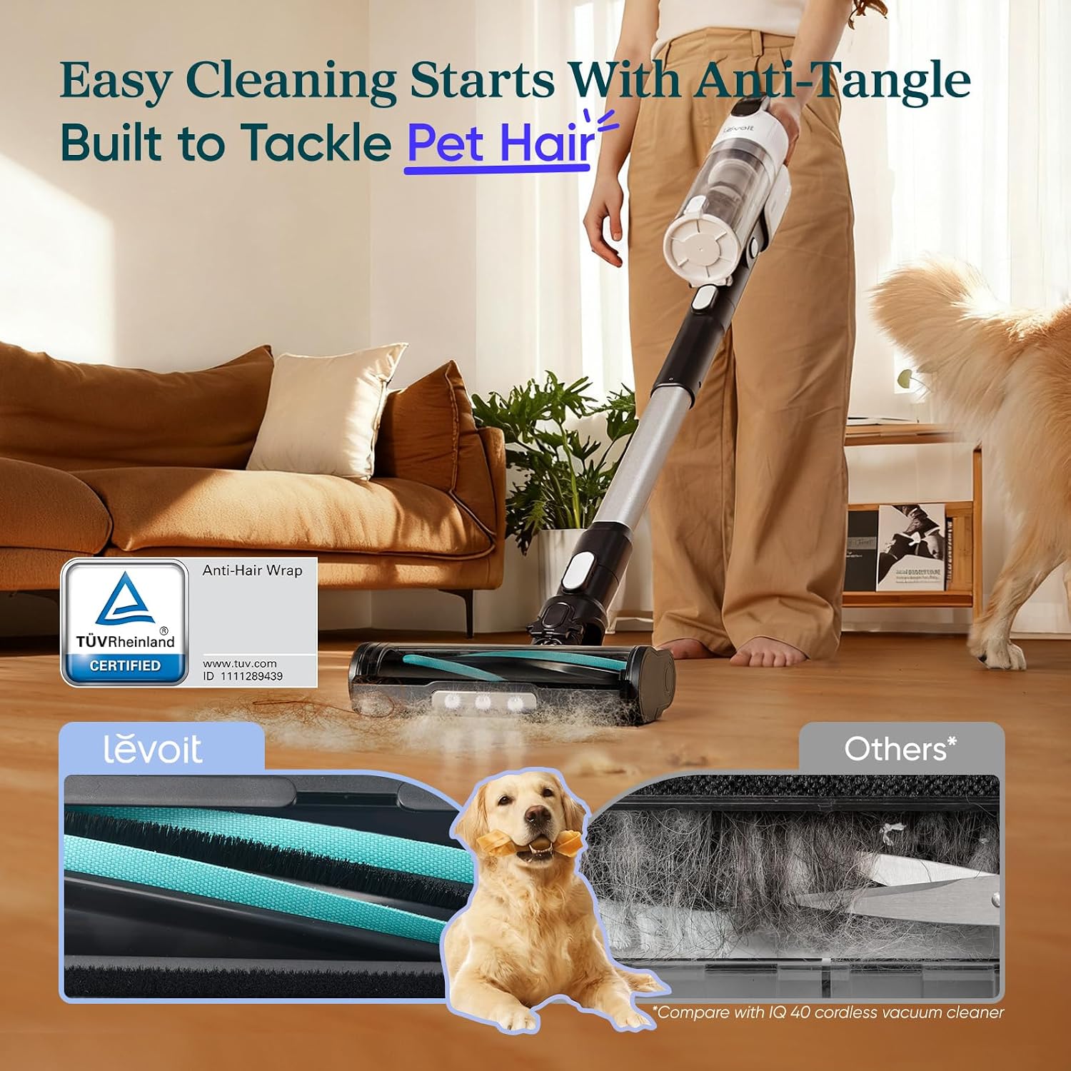 Levoit Cordless Vacuum Cleaner, Anti-Tangle for Pet Hair, Up to 50 Minutes