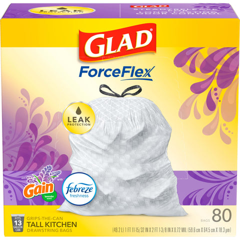 Glad ForceFlex Tall Kitchen Trash Bags, 13 Gal, Gain Lavender with Febreze, 80 Ct (Pack May Vary)