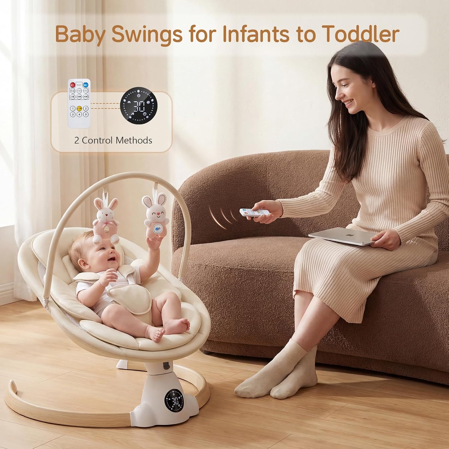 Baby Swing for Infants, Portable Electric Baby Swings with Bluetooth, 5 Swing Speed, 10 Melodies, 5-Point Harness, Remote Control & Touch Panel - Infant Swing for Indoor & Outdoor Use, Beige