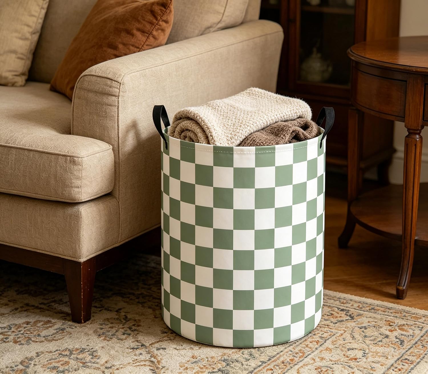 Baby Laundry Hamper Basket Baby Hamper for Nursery Boy and Girl Cute Storage Bin Organizer Boho Room Decor(Green Checkered)