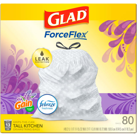 Glad ForceFlex Tall Kitchen Trash Bags, 13 Gal, Gain Lavender with Febreze, 80 Ct (Pack May Vary)