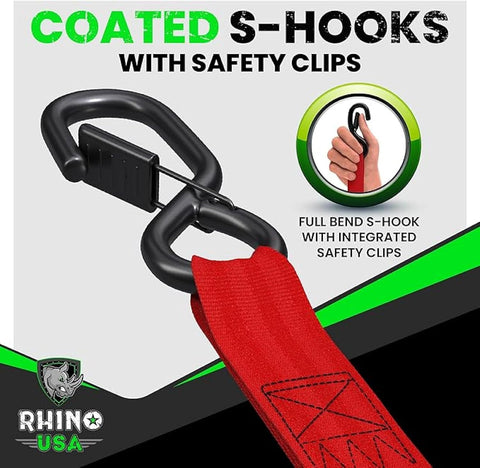 Rhino USA Retractable Ratchet Straps (4-Pack) - 1in x 10ft, Red