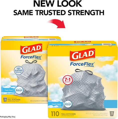 Glad Tall Kitchen Drawstring Trash Bags - Odorshield 13 Gallon White Trash Bag, Febreze Fresh Clean, 110 Count