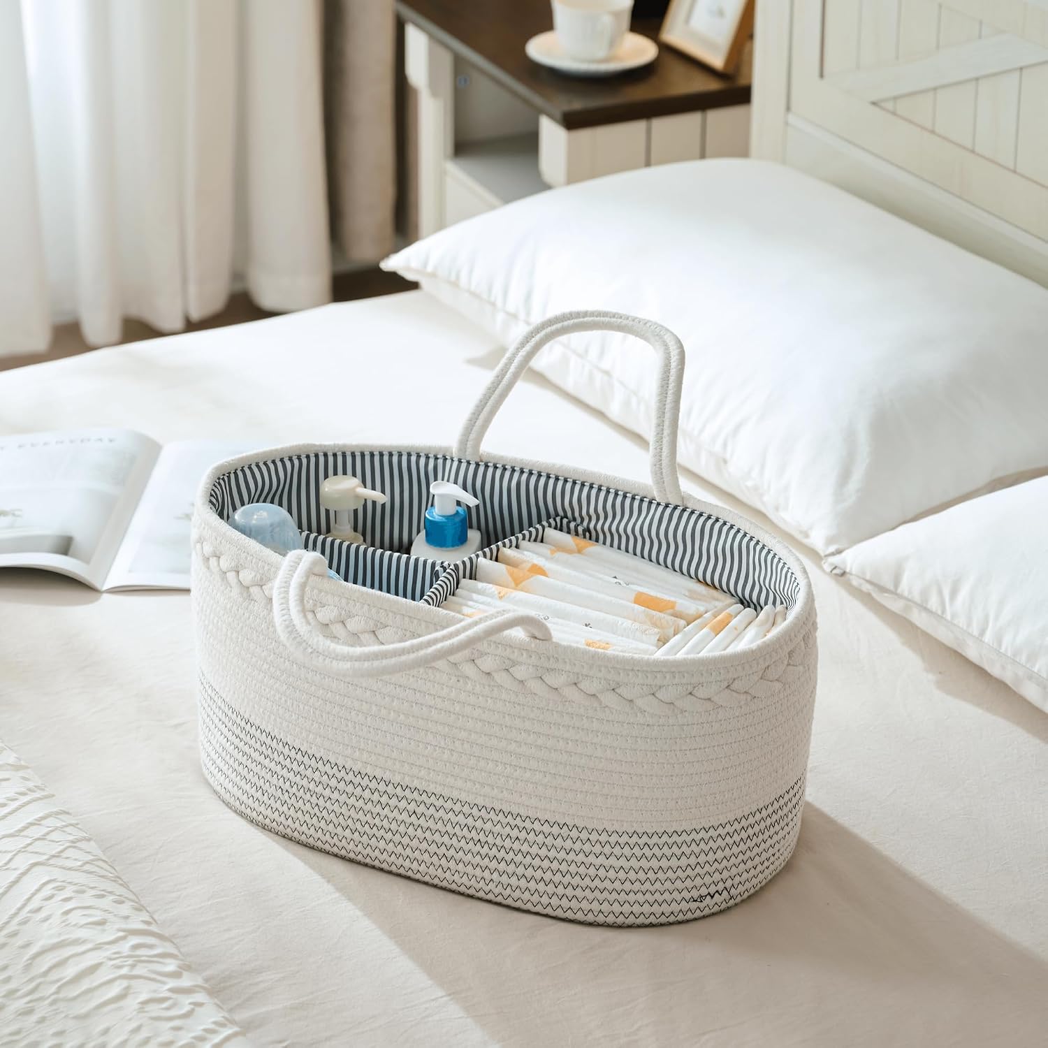 luxury little Diaper Caddy Organizer, Large Cotton Rope Nursery Baby Basket, Changing Table Organizer for Baby Diaper Storage, Portable Car Organizer Removable Divider (Off White, Large)