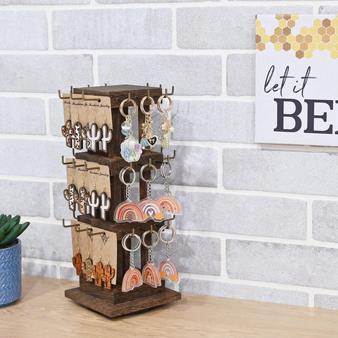Ikee Design 36 Hooks Wood Rotating Jewelry Keychain Holder Display Stand