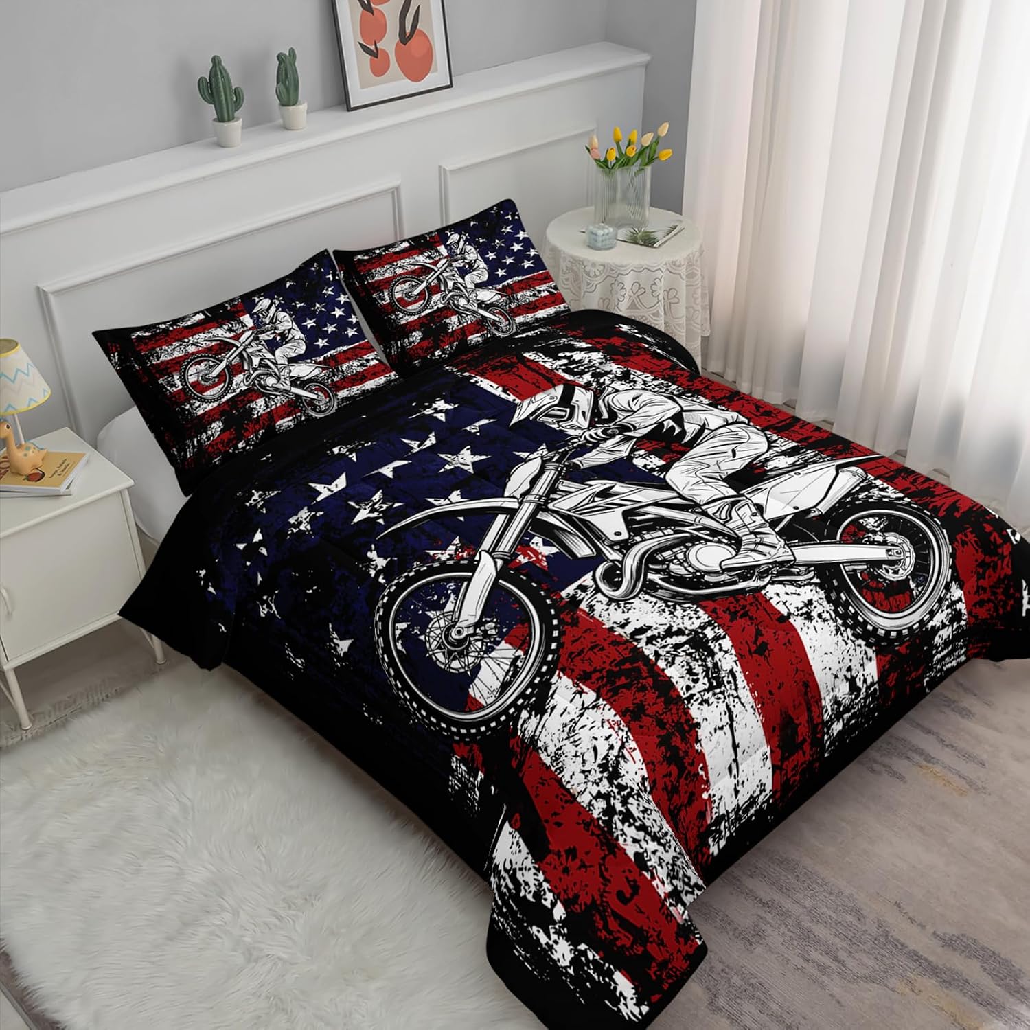 Axolotl Dirt Bike Comforter Set Twin, American Flag Bedding Set, Motocross Comforter,White Red Stripes Stars Bedding, Motorcycle Racer Quilt for Boys Kids Teens Men, 1 Dirt Bike Quilt 2 Pillowcases
