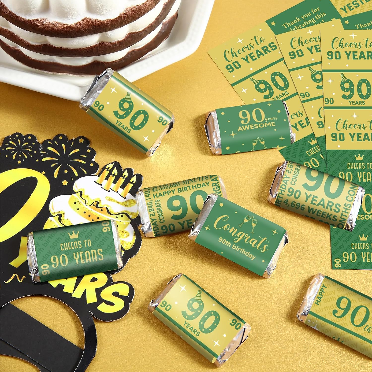 Tenare 90 Pcs 90th Birthday Candy Wrappers, Green and Gold Stickers
