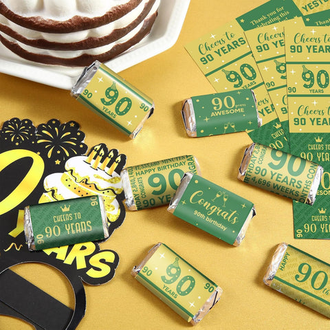 Tenare 90 Pcs 90th Birthday Candy Wrappers, Green and Gold Stickers