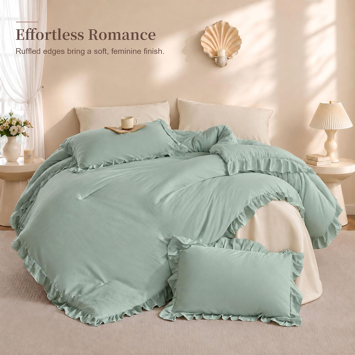 JANZAA Sage Green Comforter Set Twin, Ruffle Soft Bedding