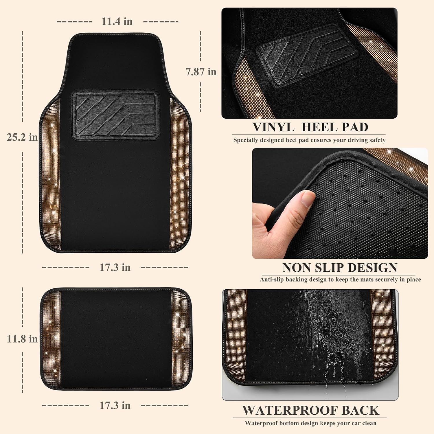 CAR PASS Bling Diamond Car Floor Mats, Shining Rhinestone Carpet Sparkly Glitter Crystal with Anti-Slip PVC Heel Pad Waterproof Universal Fit Automotive SUV,Sedan,Van,Cute Girl Women,4pcs Golden
