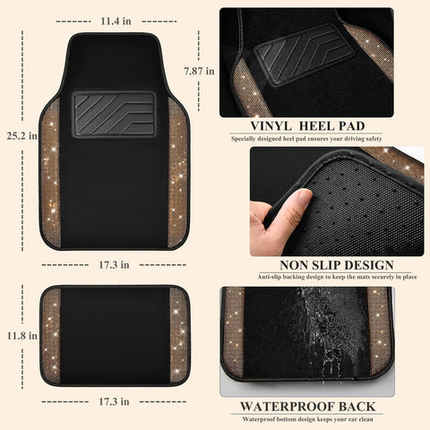 CAR PASS Bling Diamond Car Floor Mats, Shining Rhinestone Carpet Sparkly Glitter Crystal with Anti-Slip PVC Heel Pad Waterproof Universal Fit Automotive SUV,Sedan,Van,Cute Girl Women,4pcs Golden