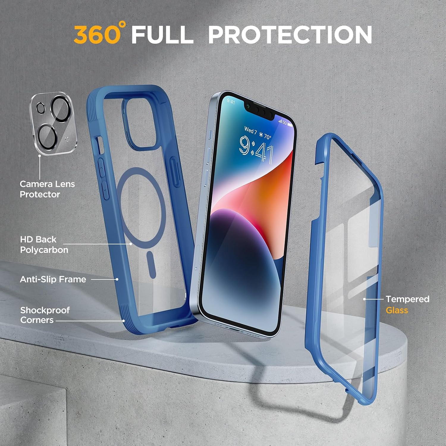 Miracase for iPhone 14 Case, Full-Body Bumper &Glass Screen Protector,Blue