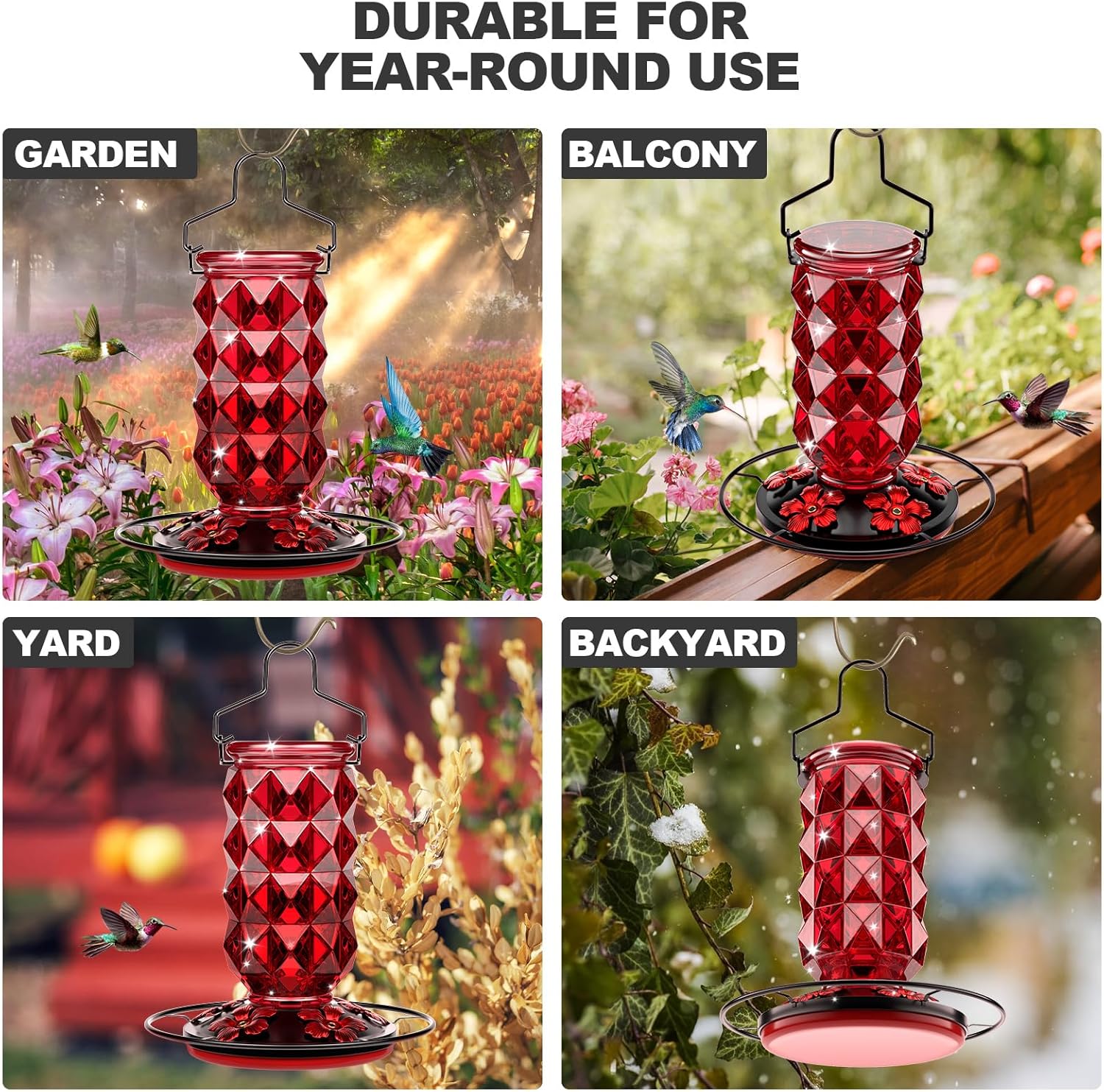 2 Pack Glass Hummingbird Feeders for Outdoors, 25 Ounces Wild Bird Nectar Feeder with Perch & 5 Flower Feeding Ports Leak Proof Hanging for Garden Backyard Decor, Gifts for Women Mom, Red & Blue