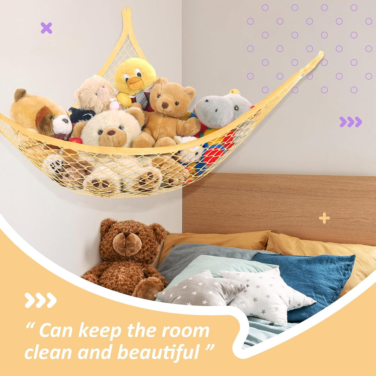 Lazebox Stuffed Animal Net Hammock for Plushie Toys, Stuffed Animal Hammock Corner for Kids' Room Decor, Ideas for Organizing Stuffy Collection, Yellow, L (72" x 50" x 50")-pack of 2