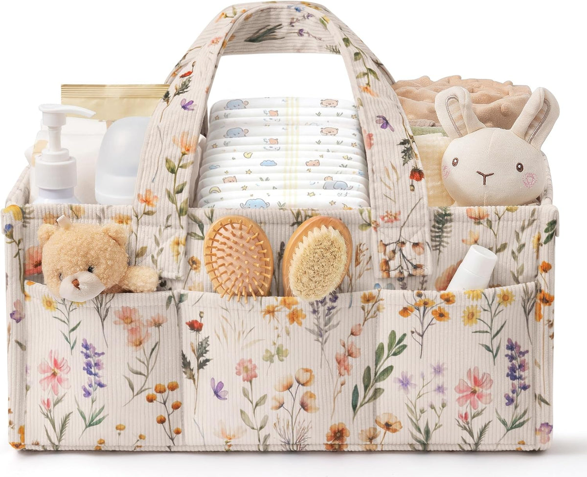 Corduroy Baby Diaper Caddy Organizer with Handles, Nursery Storage Basket