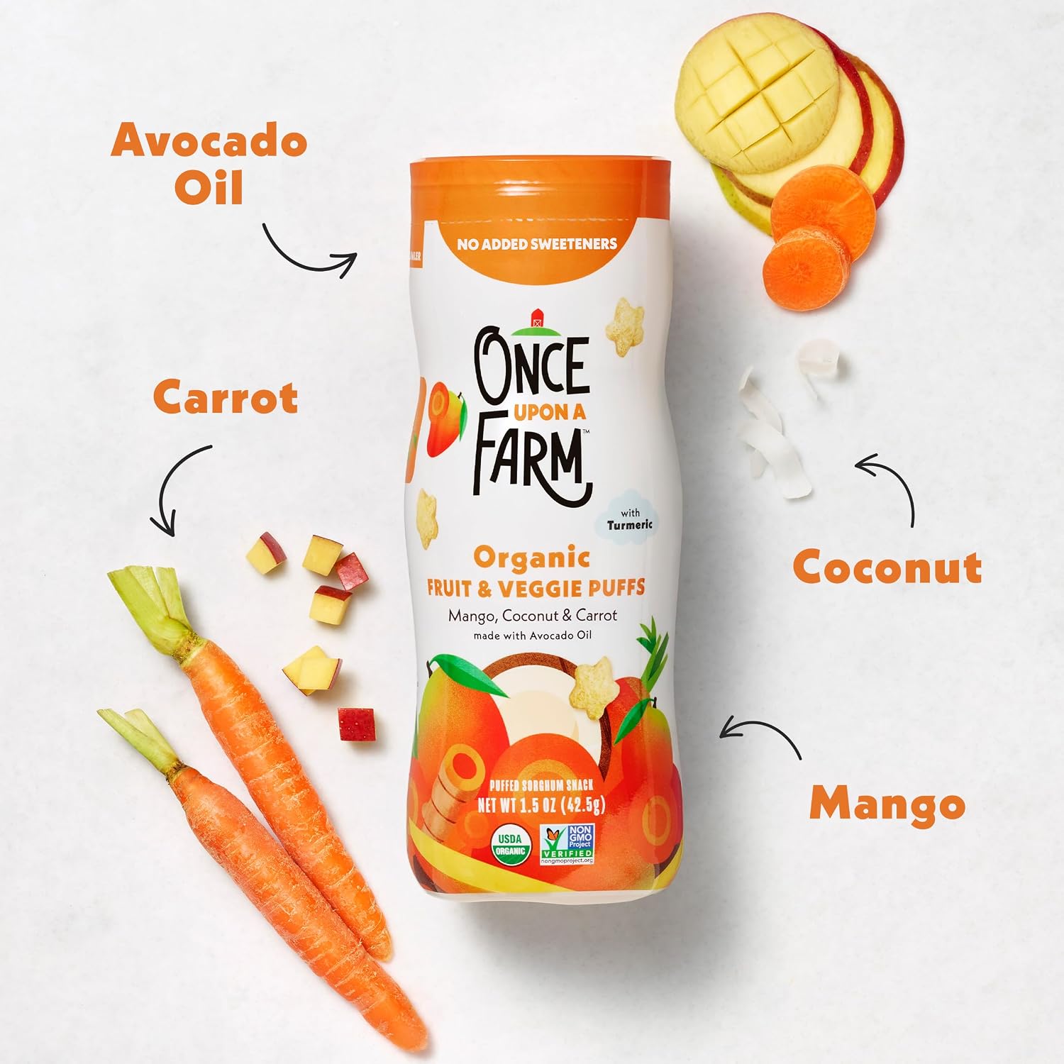 Once Upon A Farm Mango, Coconut & Carrot Puffed Sorghum Snack, Fruit & Veggie Puffs, Non GMO, 1.5 Ounces (Pack Of 6)