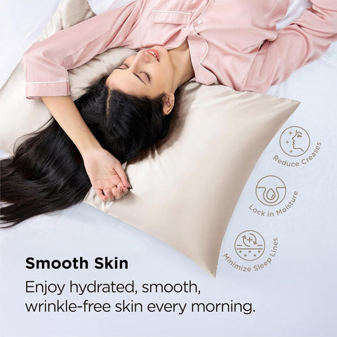 Bedsure Satin Pillowcase with Zipper, Similar to Silk Pillow Cases 2 Pack, Beige Standard Size Satin Pillow Case, Silky & Soft Pillow Covers, Valentines Day Gifts for Women Men, 20x26 Inches
