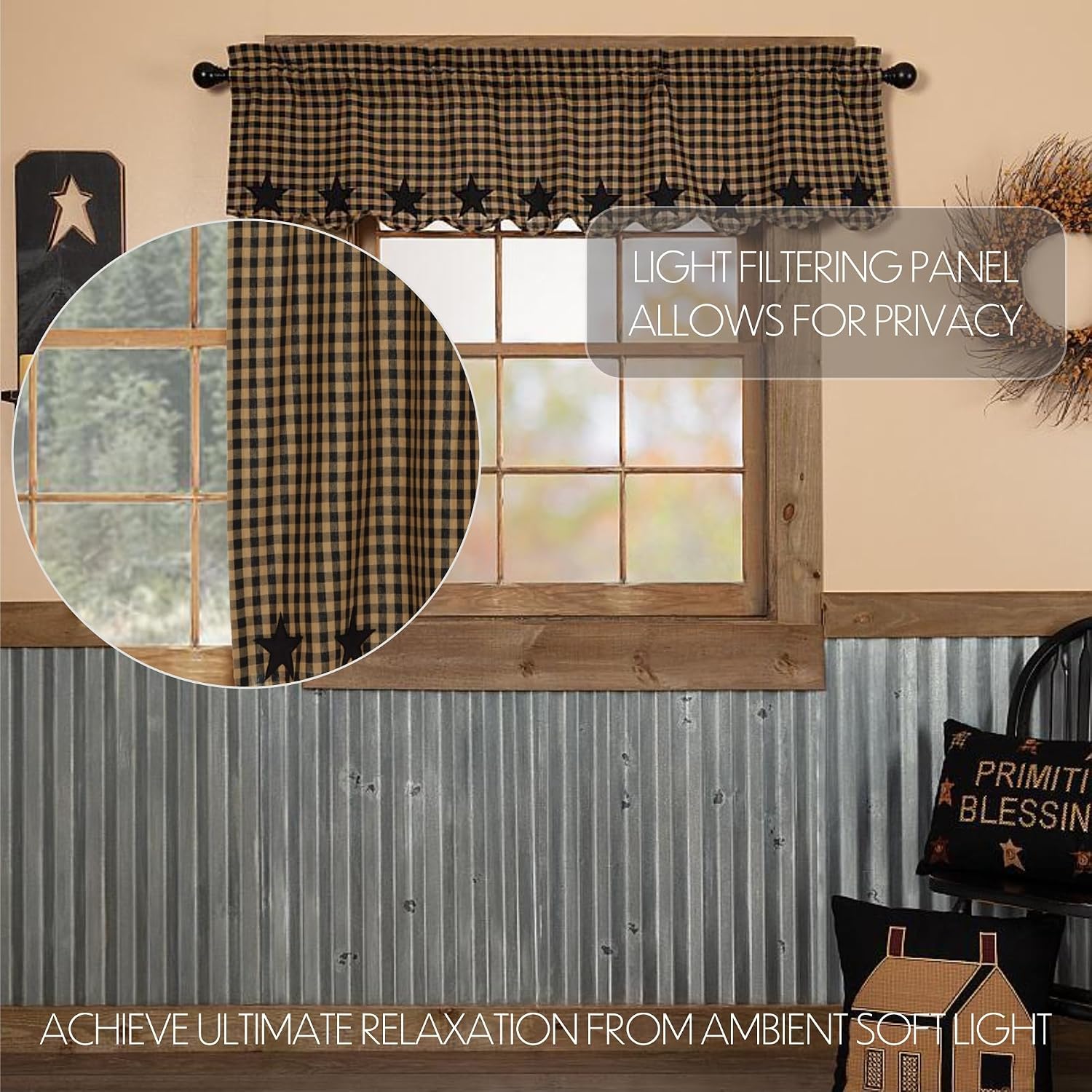 VHC Brands Star Cotton Primitive Kitchen Curtains Rod Pocket Appliqued 16x60 Valance, Raven Black