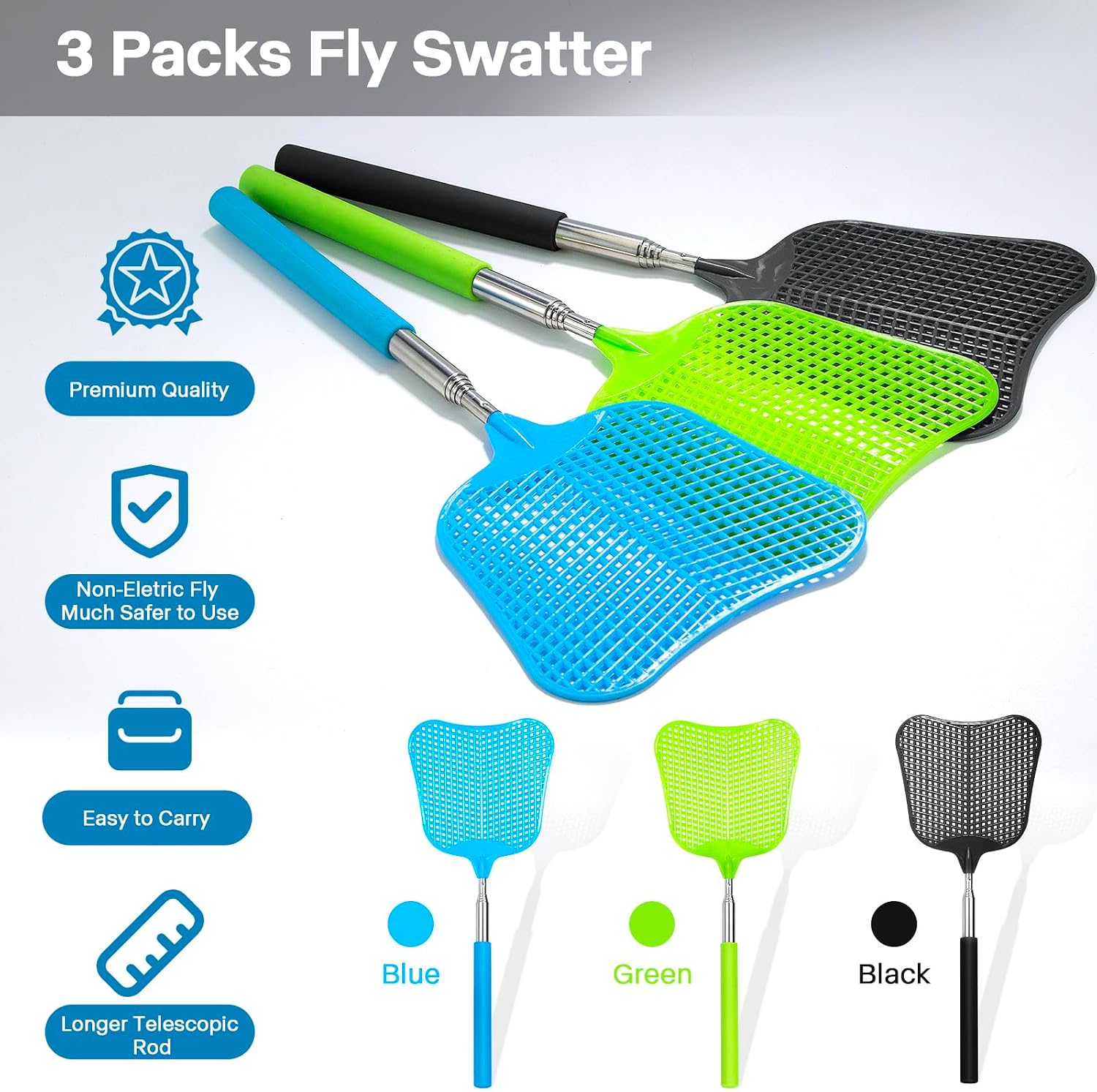Telescopic Fly Swatter, Begonia Fly Swatter for Indoors,Manual Plastic Flyswatter Heavy Duty with Stainless Steel Telescopic Handle (3 Pack)