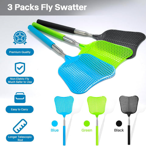 Telescopic Fly Swatter, Begonia Fly Swatter for Indoors,Manual Plastic Flyswatter Heavy Duty with Stainless Steel Telescopic Handle (3 Pack)