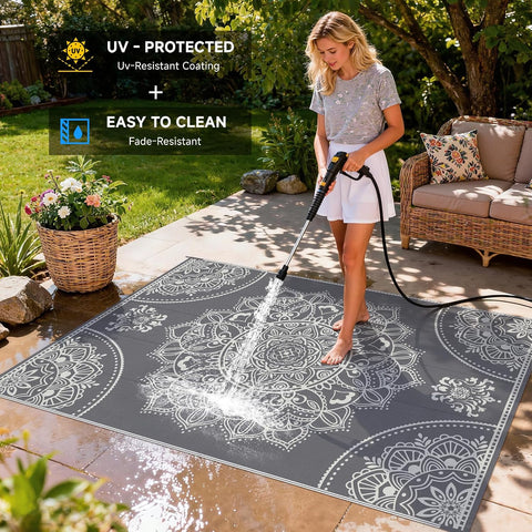 Pauwer Waterproof Outdoor Rug 6x9, Plastic Straw Patio Mat, Floral Grey