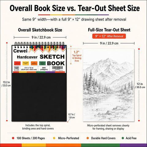 Cewei 9" x 12" Sketch Book, Spiral Bound Sketchbook, 100 Sheets_68lb/100gsm