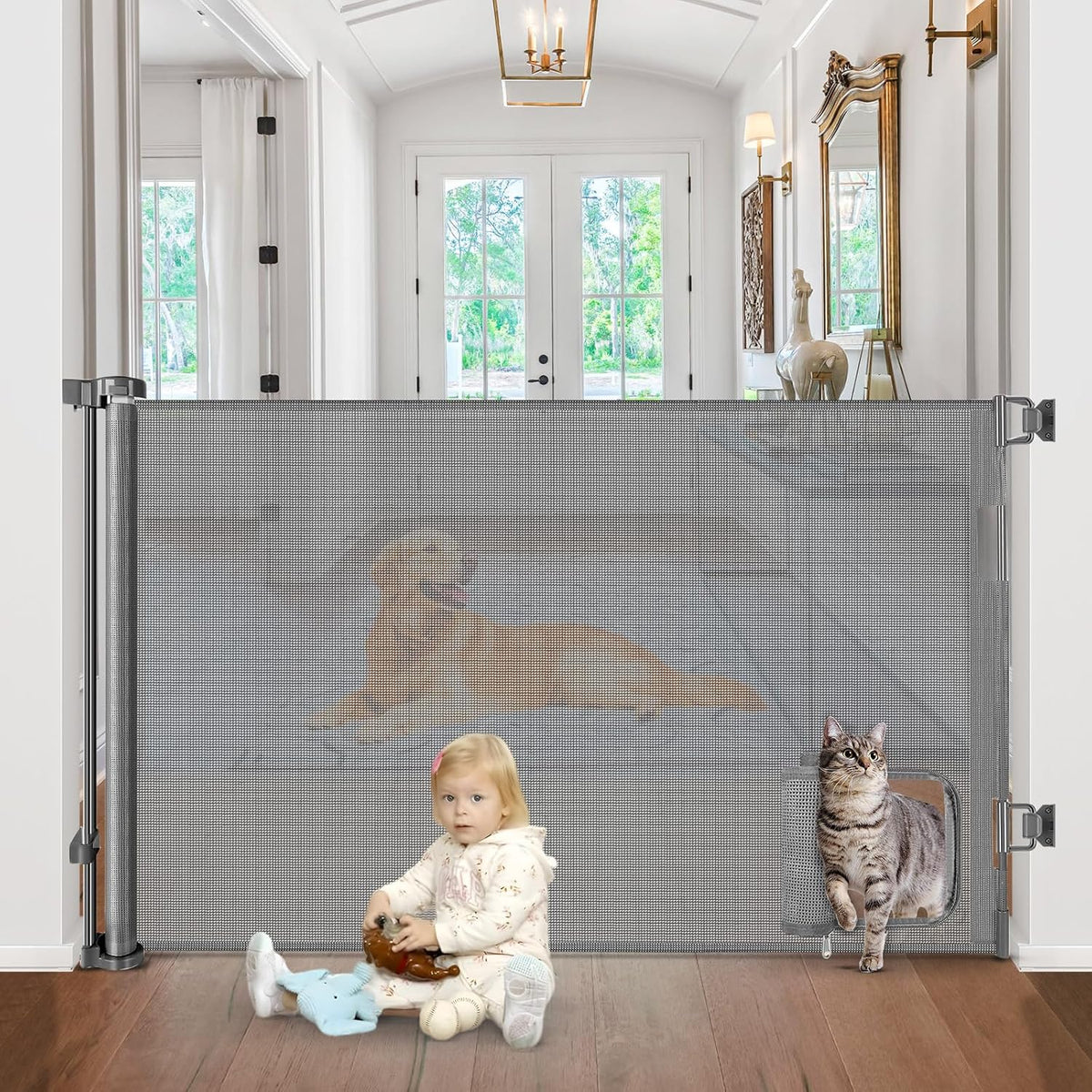 Retractable Baby Gates with Cat Door 80" Wide Retractable Dog Gate with Pet Door Outdoor Retractable Gate for Dogs Retractable Pet Gate with Door Mesh Baby Gate Retractable Mesh Dog Gate (Gray)