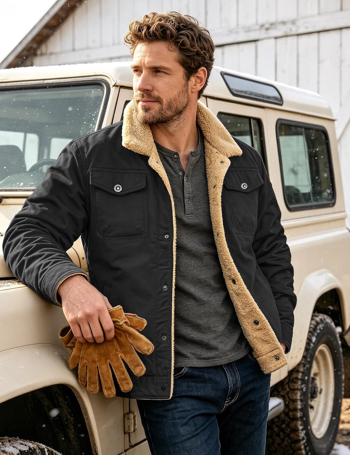 MAGCOMSEN Men's Winter Jacket Lined Sherpa Jacket Warm Trucker Coat Multi Pocket