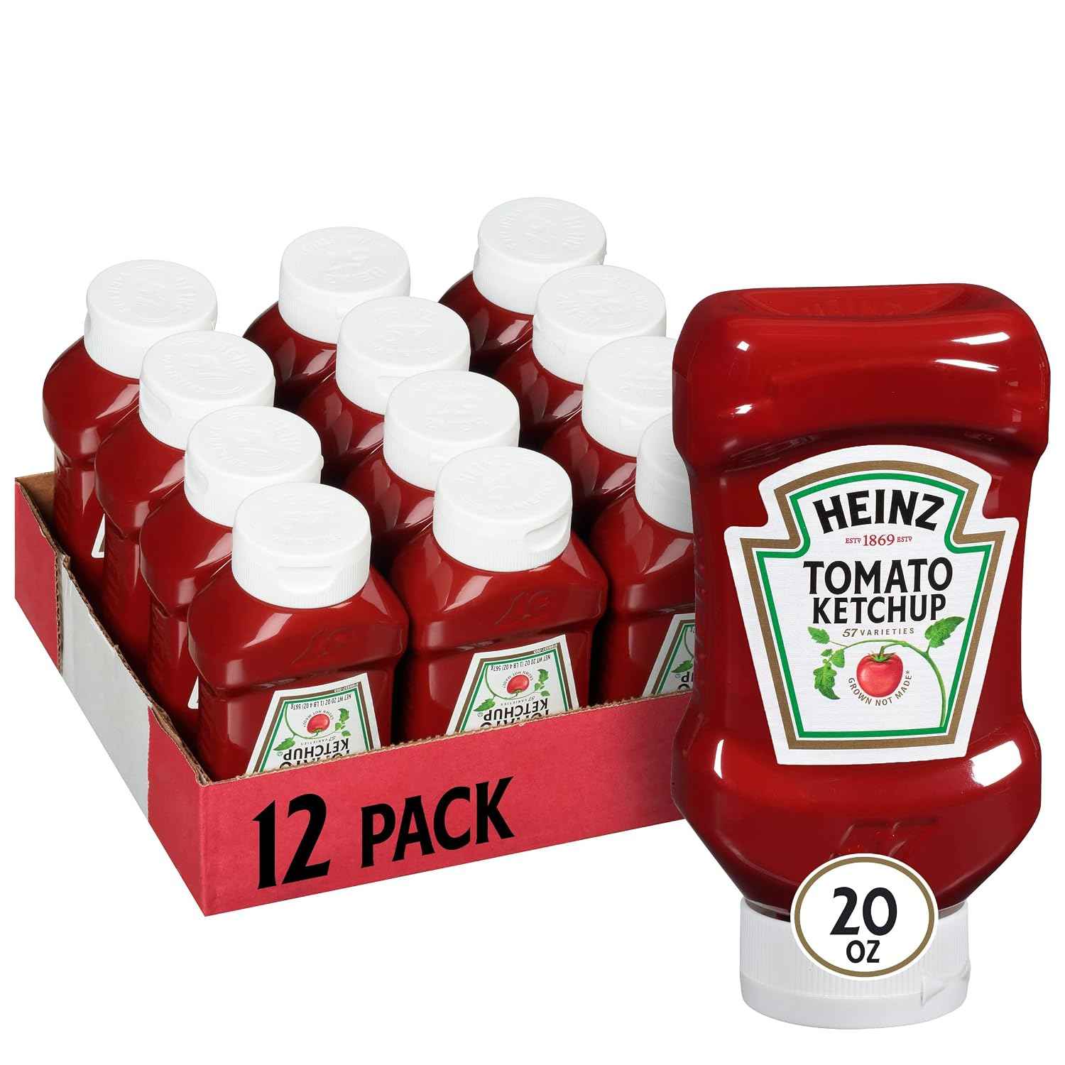 Heinz Tomato Ketchup Inverted Squeeze Bottle, 12 Bottles, for Easy Sharing and Easy Serving, Gluten-Free, 20 oz