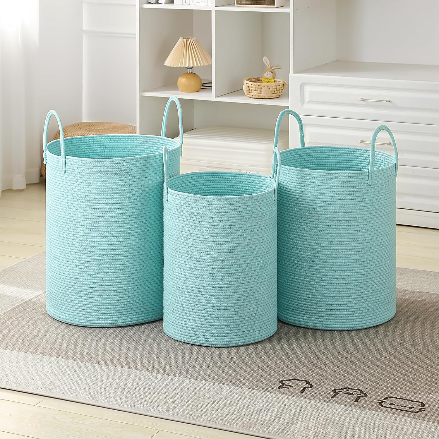 Laundry Basket Hamper Tall Rope Storage Woven for Blanket toys Dirty Clothes in Living Room Bathroom Bedroom (Cyan, 60L/15.8Gal)