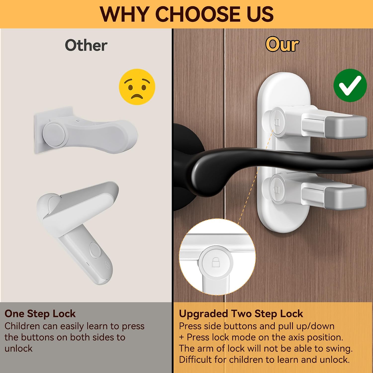 4 Pack Snap-On Door Lever Locks, Child Safety Door Handle Stopper for Baby, Autism Kids-Dual Lock System, No Tools Required Without Drilling (White-4Pack)