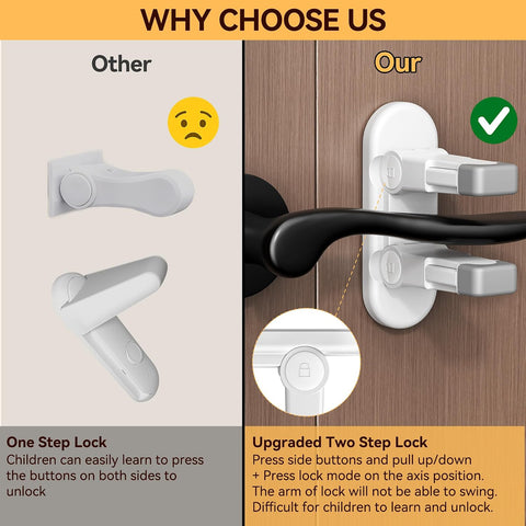 4 Pack Snap-On Door Lever Locks, Child Safety Door Handle Stopper for Baby, Autism Kids-Dual Lock System, No Tools Required Without Drilling (White-4Pack)