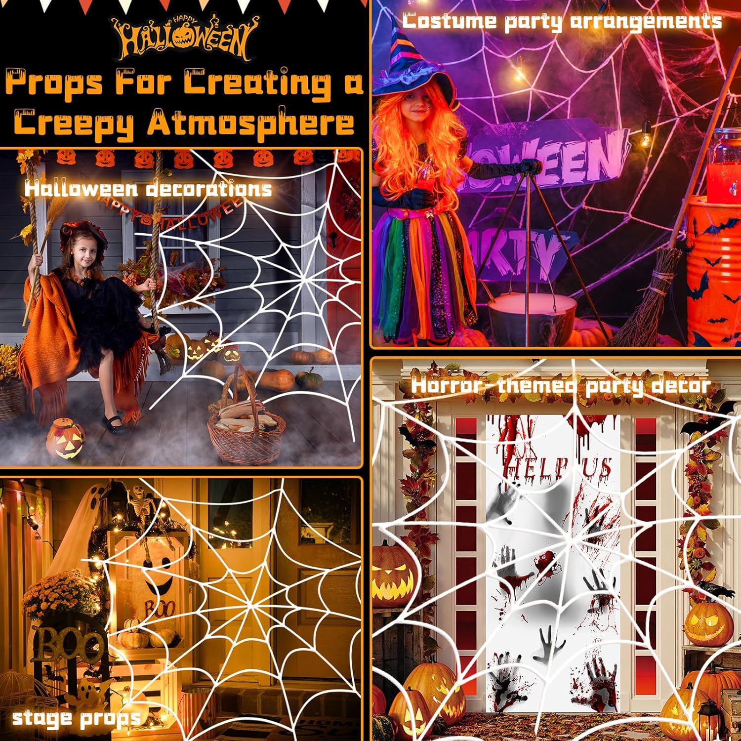 YUNAI Spider Webs Halloween Decorations Outdoor, 10.5ft 7 Coils White Fake Spider Web, Scary Haunted House Outdoor Wall Decor for Halloween Party Hanging Decorations