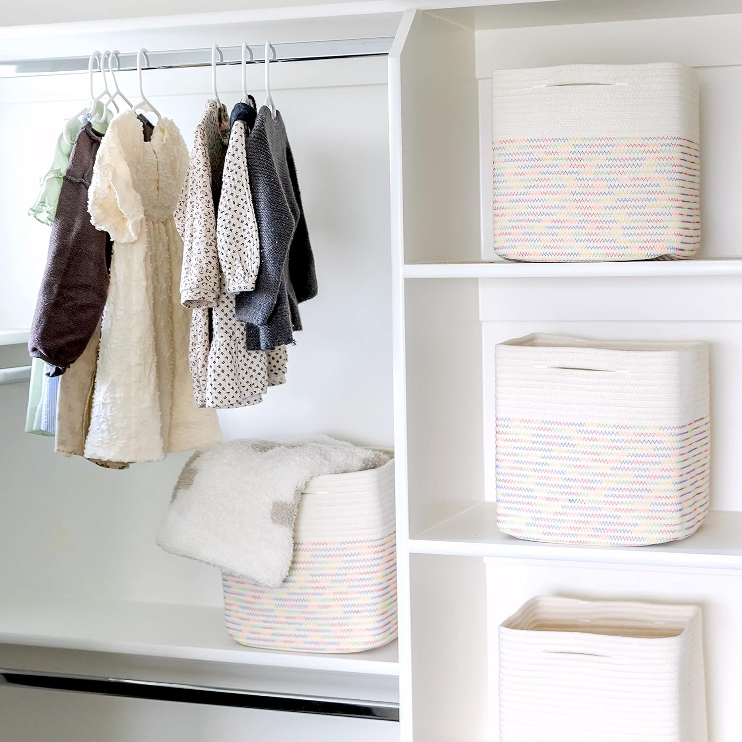NaturalCozy 13 Inch Cube Storage Bins Cotton Rope Woven Baskets for Organizing 3-Pack | 13 x 13 Storage Cubes | Fabric Square Storage Baskets for Shelves Organizer, Kids Toy Bins, Closet Baby Nursery