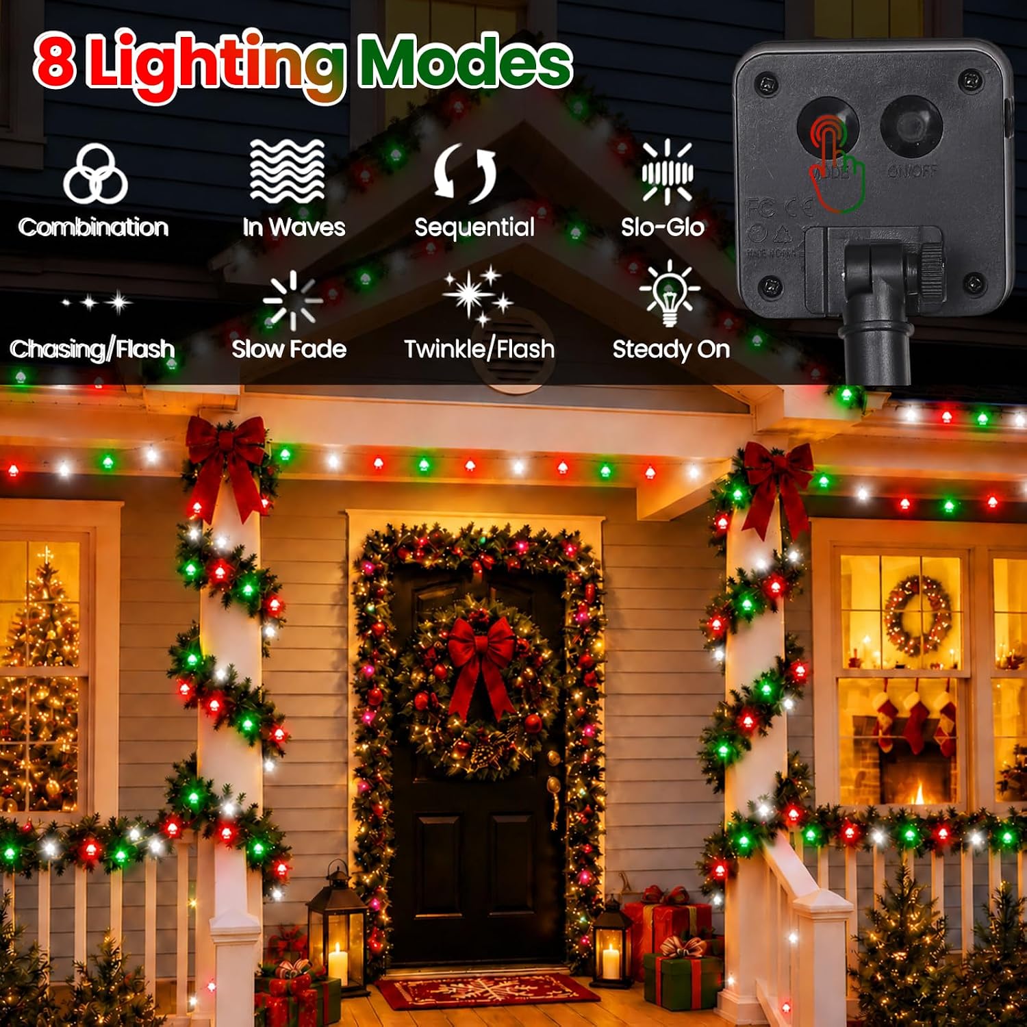 Solar Christmas Lights Outdoor Waterproof Solar Powered String Lights for Christmas Decorations, Total 100LED 45FT for Yard Pathway Garden Fence, 8 Modes 50LED x 2 Packs,Red Green White