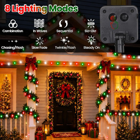 Solar Christmas Lights Outdoor Waterproof Solar Powered String Lights for Christmas Decorations, Total 100LED 45FT for Yard Pathway Garden Fence, 8 Modes 50LED x 2 Packs,Red Green White